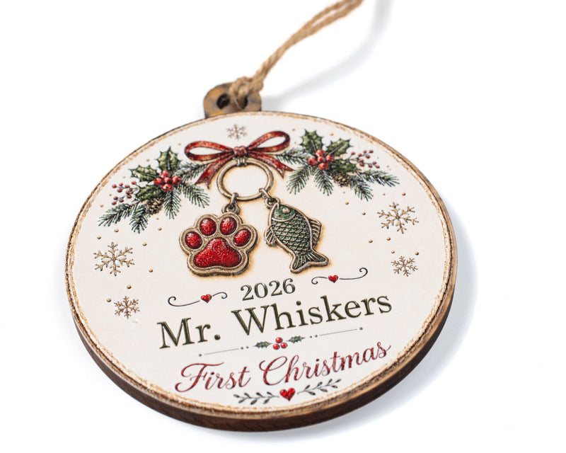 Personalized Cat's First Christmas Ornament – 3D Textured Design