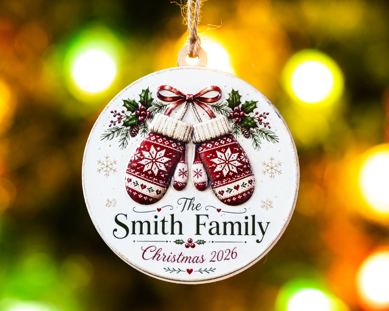 Personalized Mitten Family Ornament – 3D Textured Design