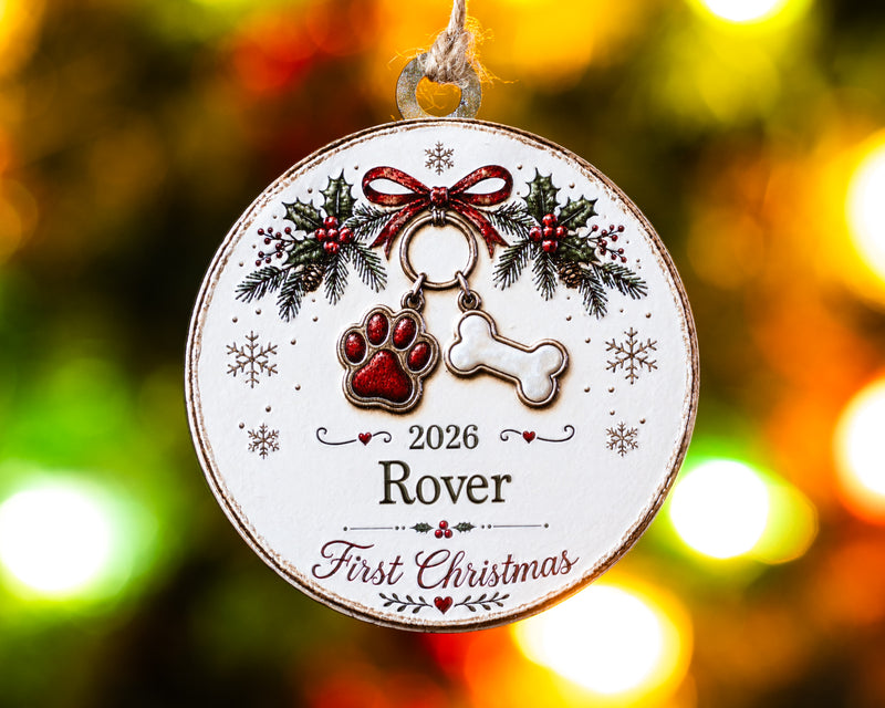 Personalized Dog's First Christmas Ornament – 3D Textured Design