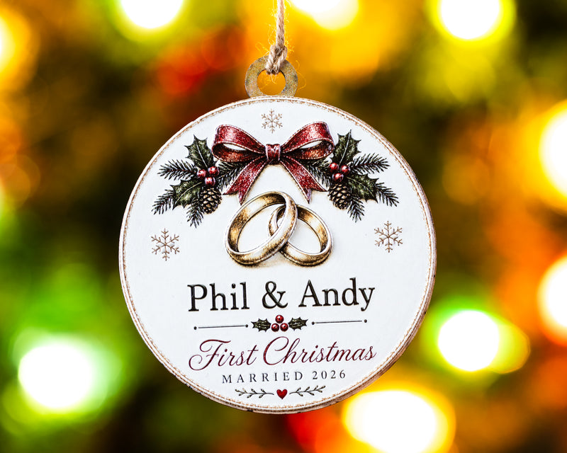 Personalized First Christmas Married Ornament – 3D Textured Design