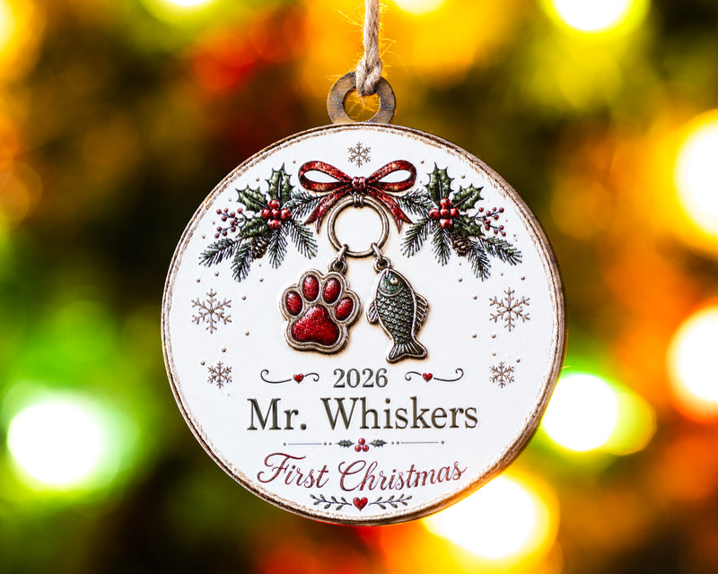 Personalized Cat's First Christmas Ornament – 3D Textured Design