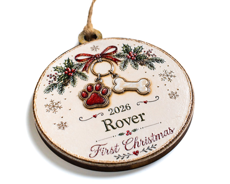 Personalized Dog's First Christmas Ornament – 3D Textured Design