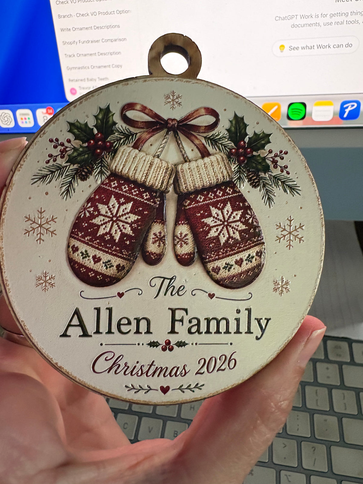 Personalized Mitten Family Ornament – 3D Textured Design