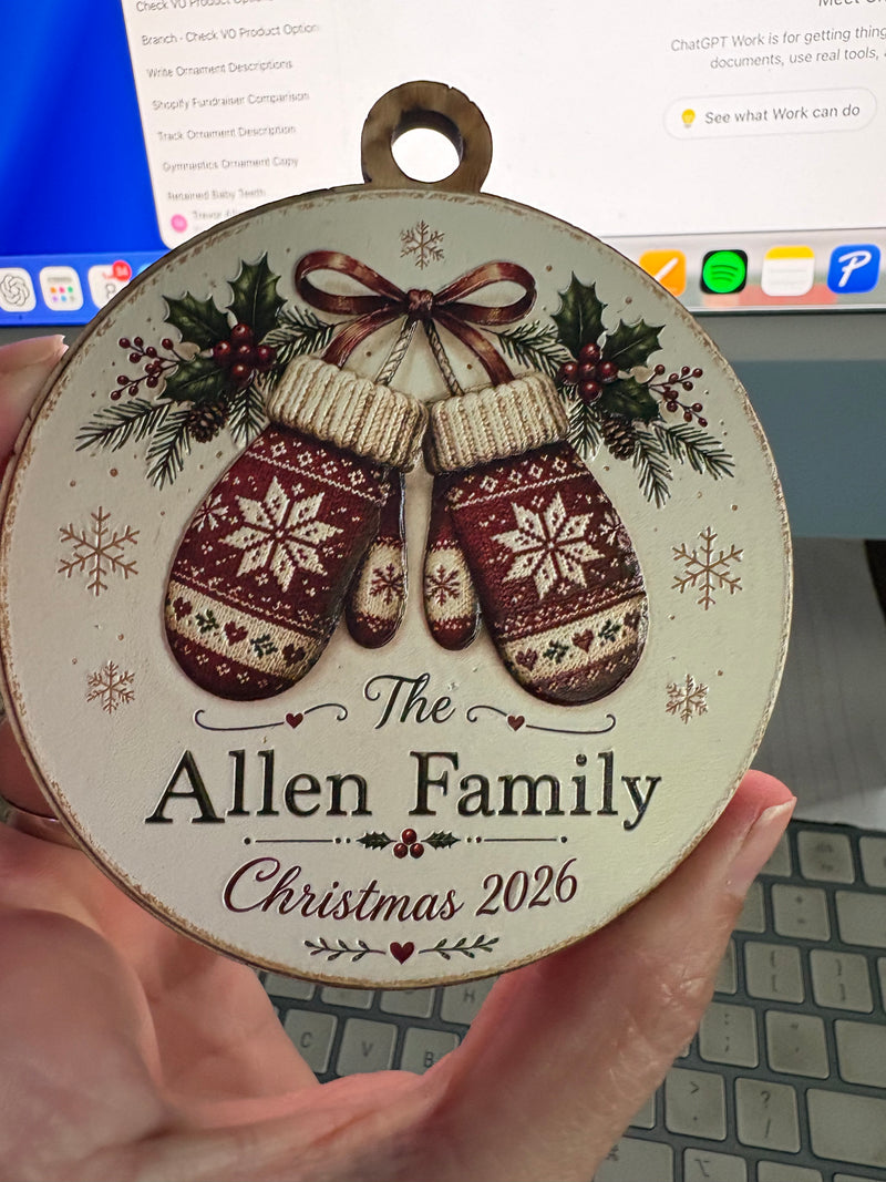 Personalized Mitten Family Ornament – 3D Textured Design