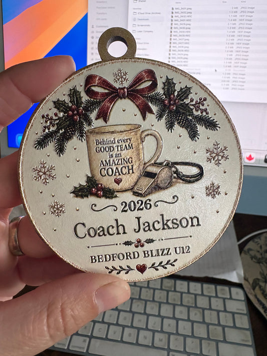 Personalized Coach Ornament – 3D Textured Design