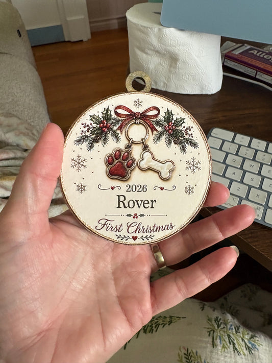 Personalized Dog's First Christmas Ornament – 3D Textured Design