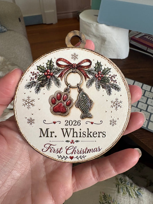 Personalized Cat's First Christmas Ornament – 3D Textured Design
